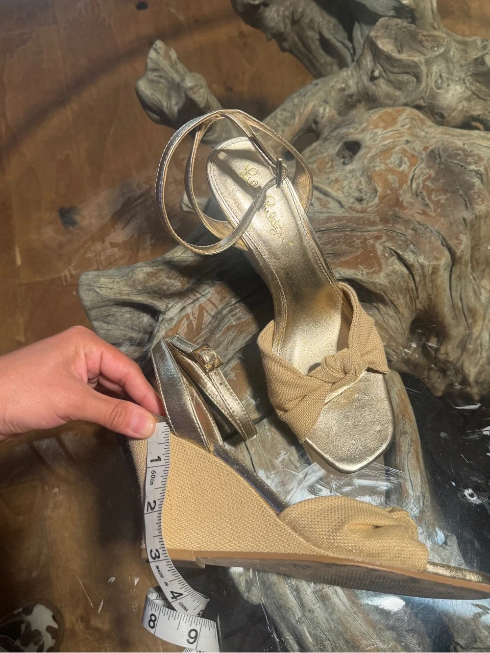 Lilly Pulitzer Gold Metallic & Beige Knotted Wedge Sandals